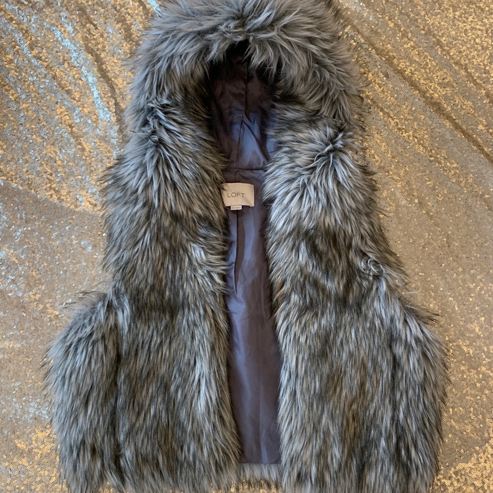 Ann Taylor Loft Grey Faux Fur Hooded Vest